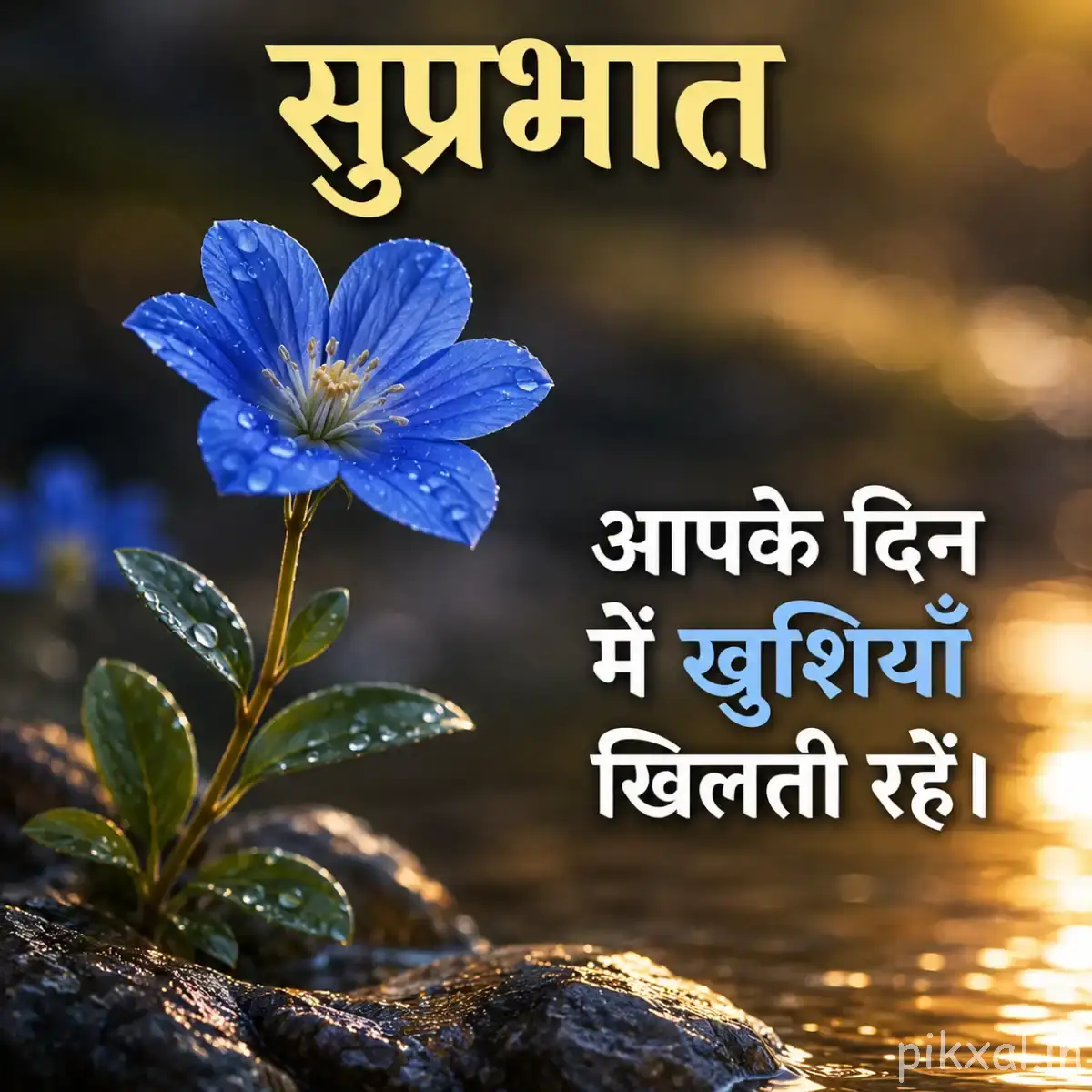 Single blue flower with a yellow center growing among green leaves and rocks, with warm morning light