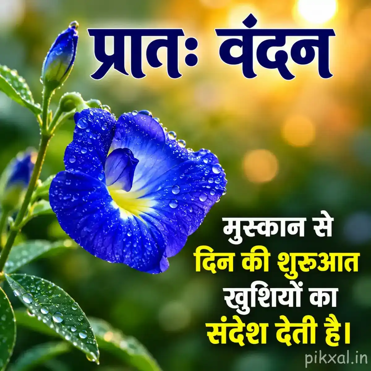 Single deep blue rounded flower with a pale center and water droplets among green leaves