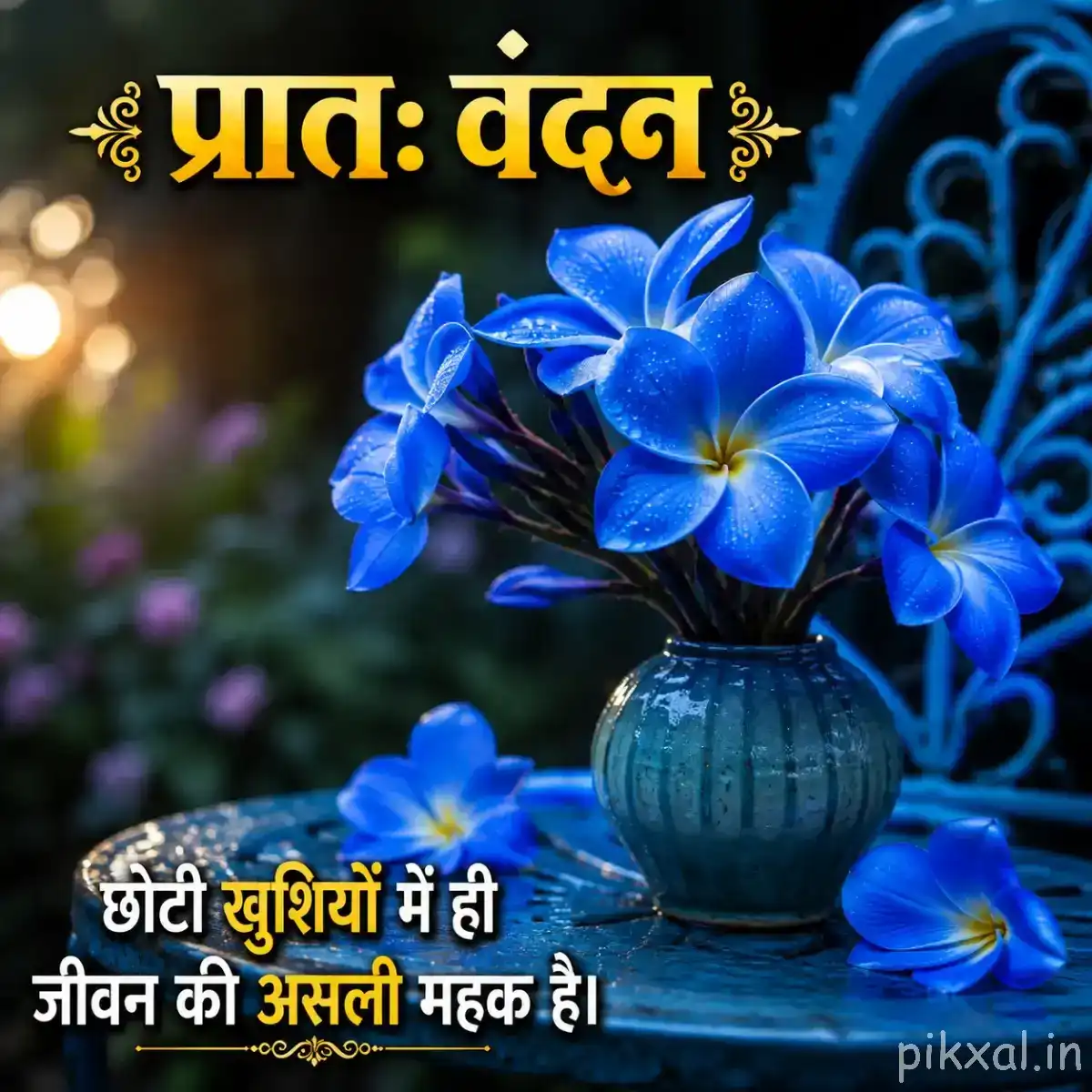 Cluster of blue flowers arranged in a small blue vase with green foliage and a Hindi morning wish