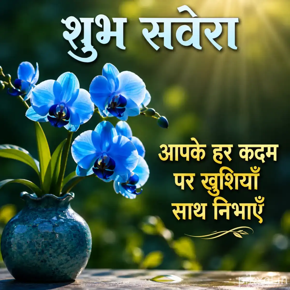 Cluster of small blue flowers with green leaves in a rounded vase, accompanied by a Hindi Good Morning wish