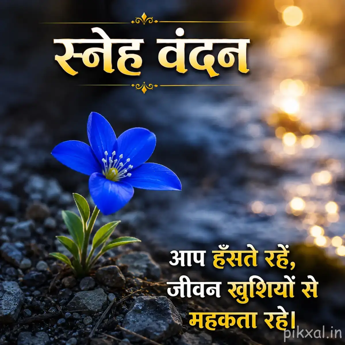 Single small blue flower with a dark center growing among rocks and green leaves, with a Hindi morning wish
