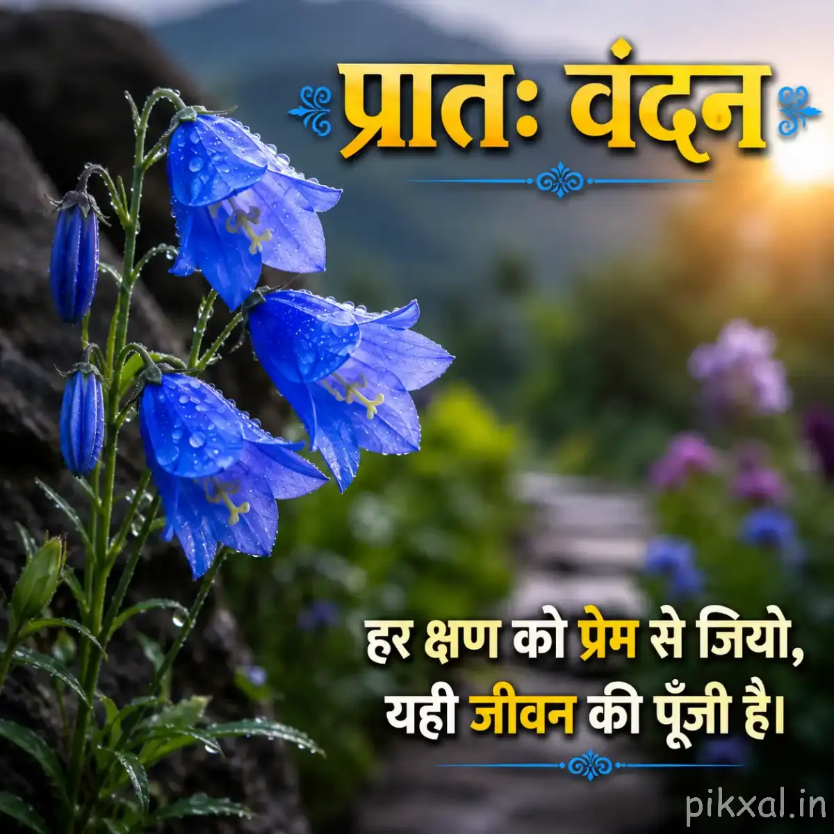 Blue clustered flowers with slender stems and green leaves against a softly blurred garden background with a Hindi morning wish