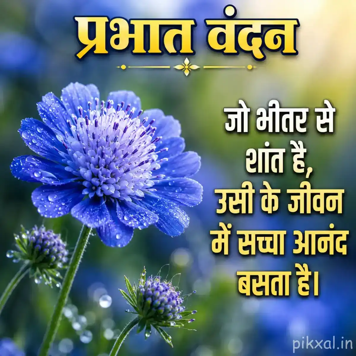 Single rounded blue flower with densely layered petals, green foliage, and a Hindi morning quote