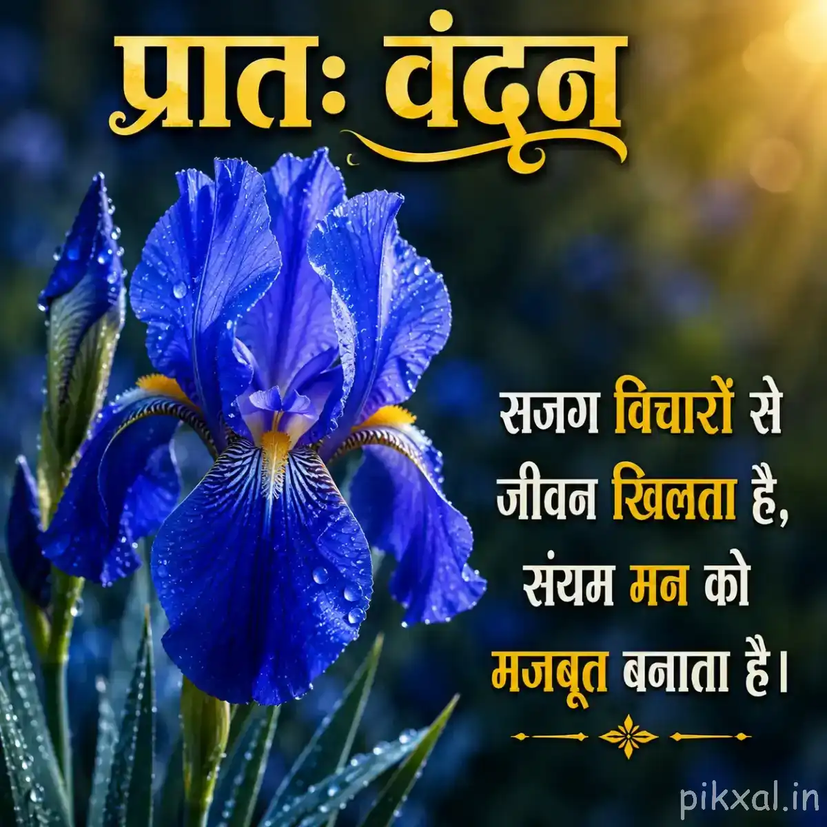 Deep blue layered flowers with ruffled petals and upright stems surrounded by green leaves and a Hindi morning quote