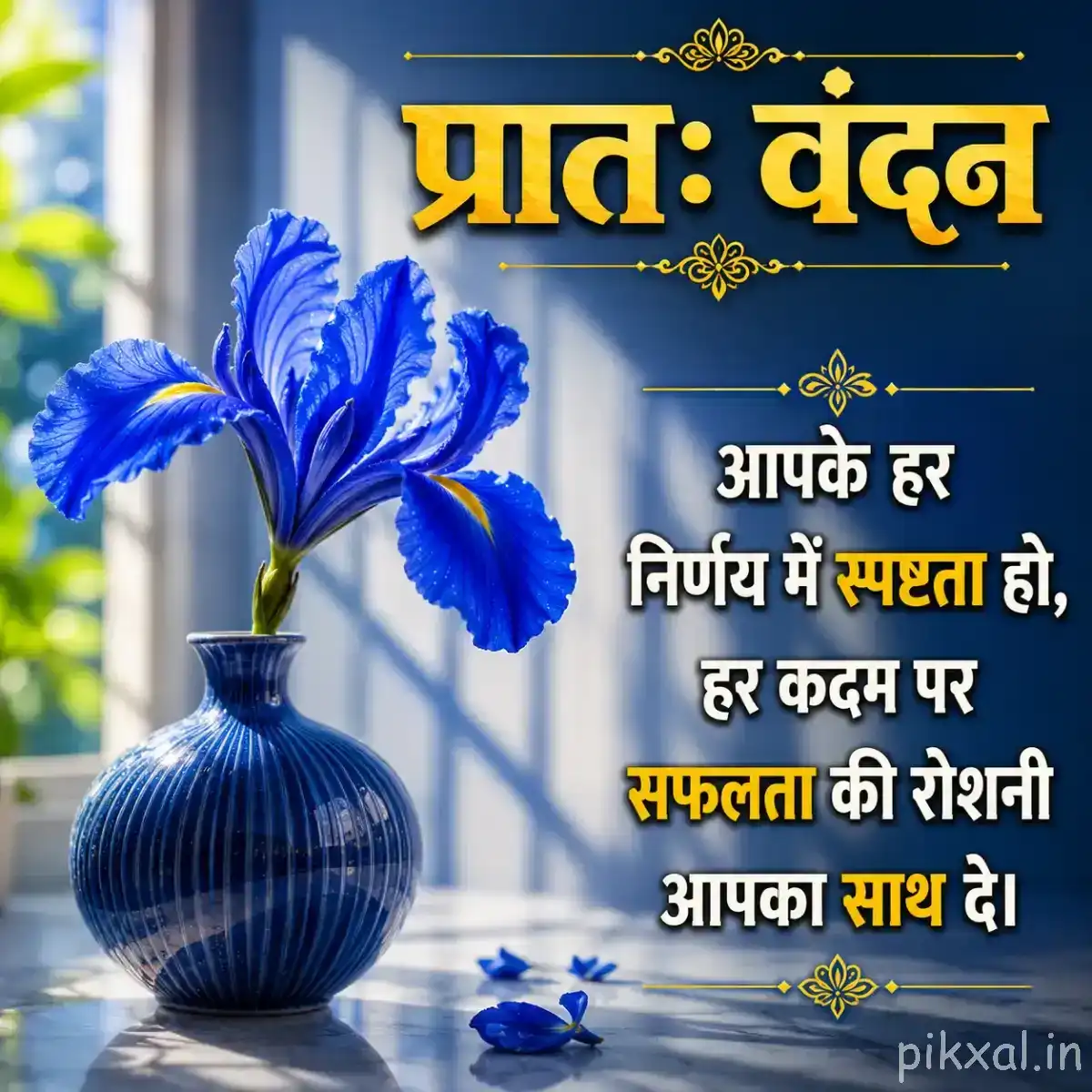 Blue flowers with pale striped petals arranged upright in a ribbed blue vase beside a Hindi morning message