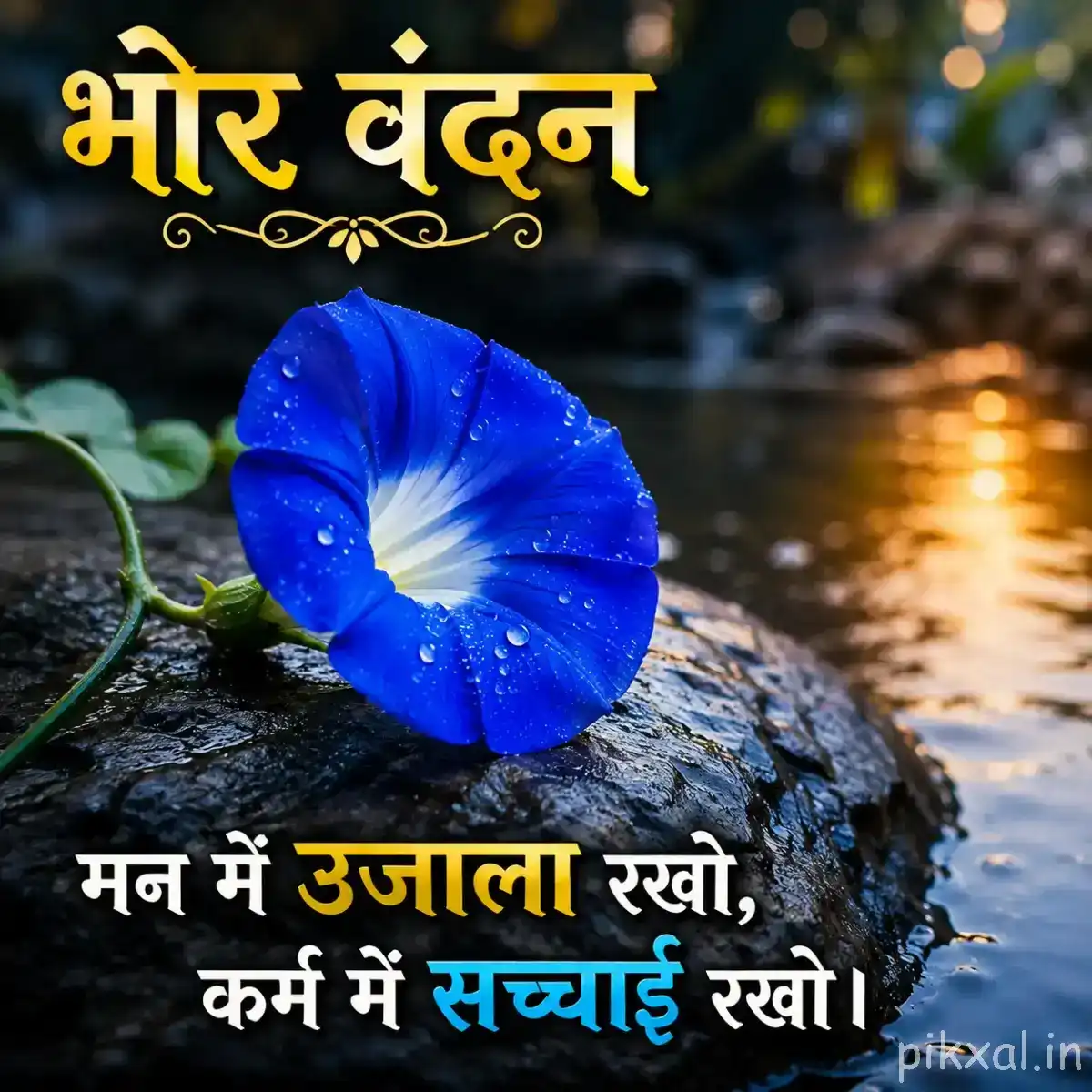 Single vivid blue funnel-shaped flower lying beside a mossy rock near reflective water with a Hindi morning message