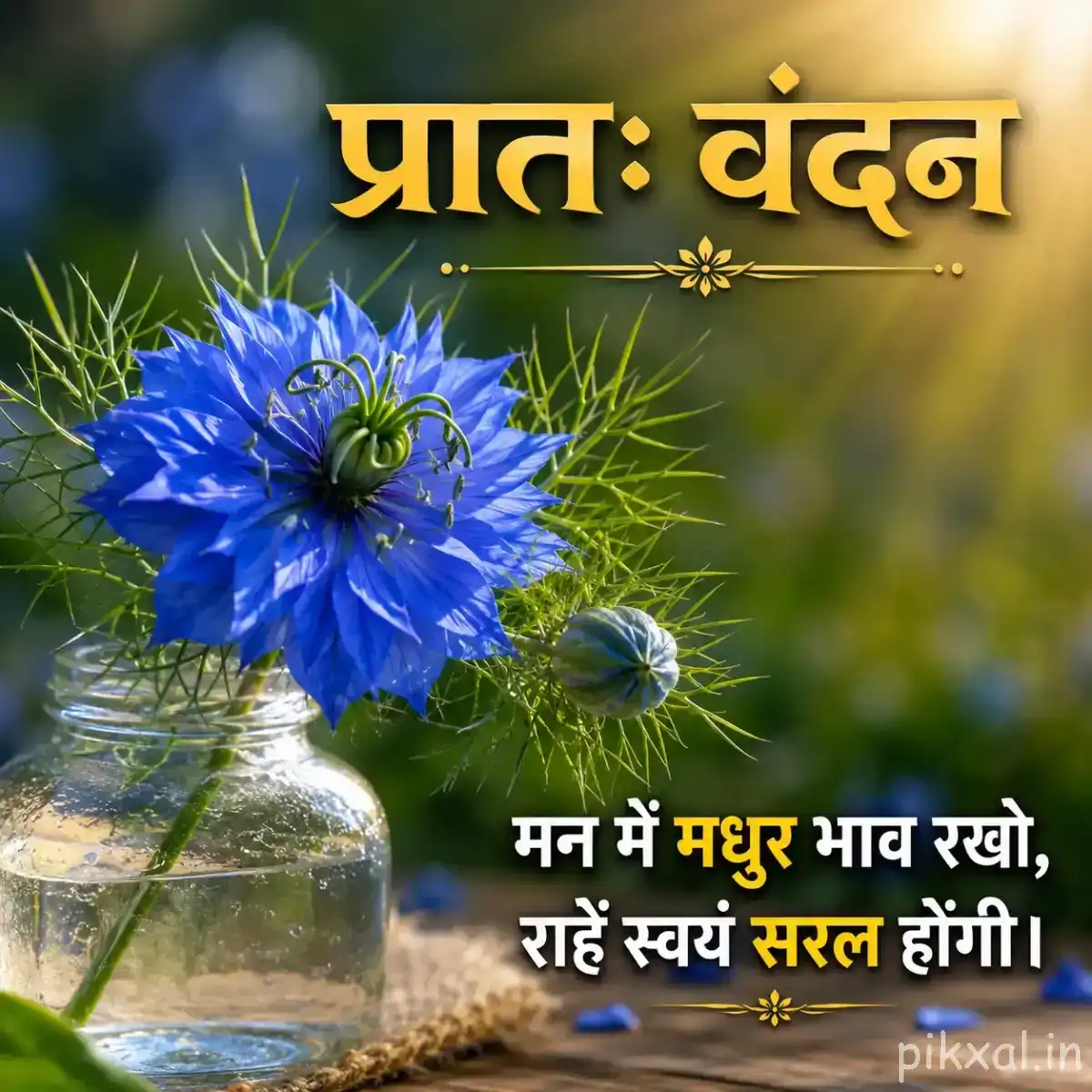 Rounded blue flower with densely layered petals beside a glass vase against softly blurred green foliage