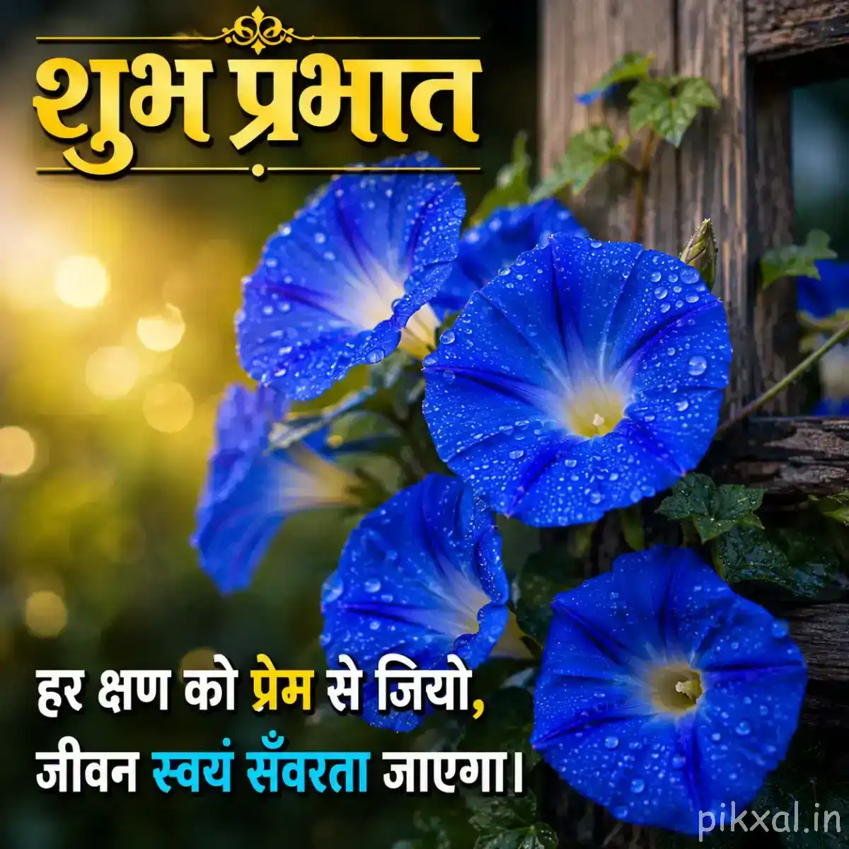 Some large blue funnel-shaped flowers with pale centers and unopened buds among green leaves with a Hindi morning wish