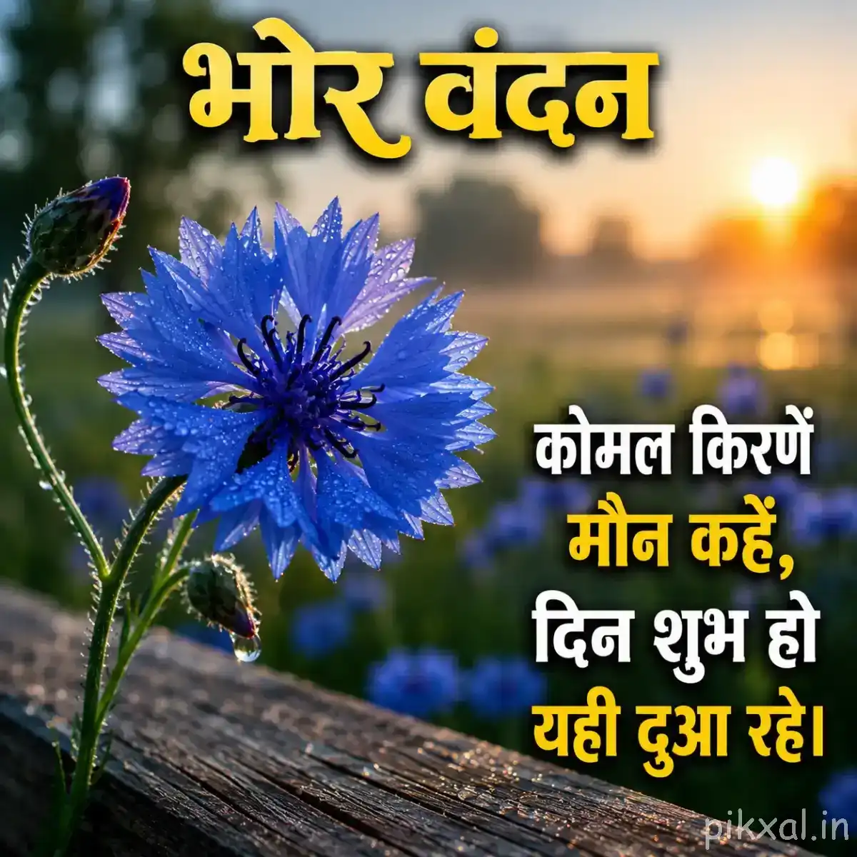 Single blue fringed flower with a dark center and unopened bud beside a warm sunrise background