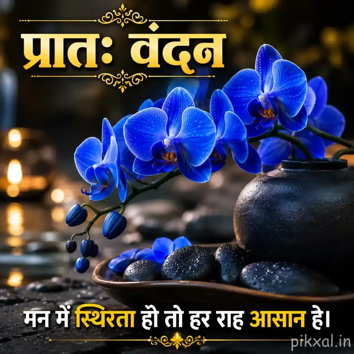 Multiple blue rounded flowers arranged among smooth dark stones with warm blurred lights in the background