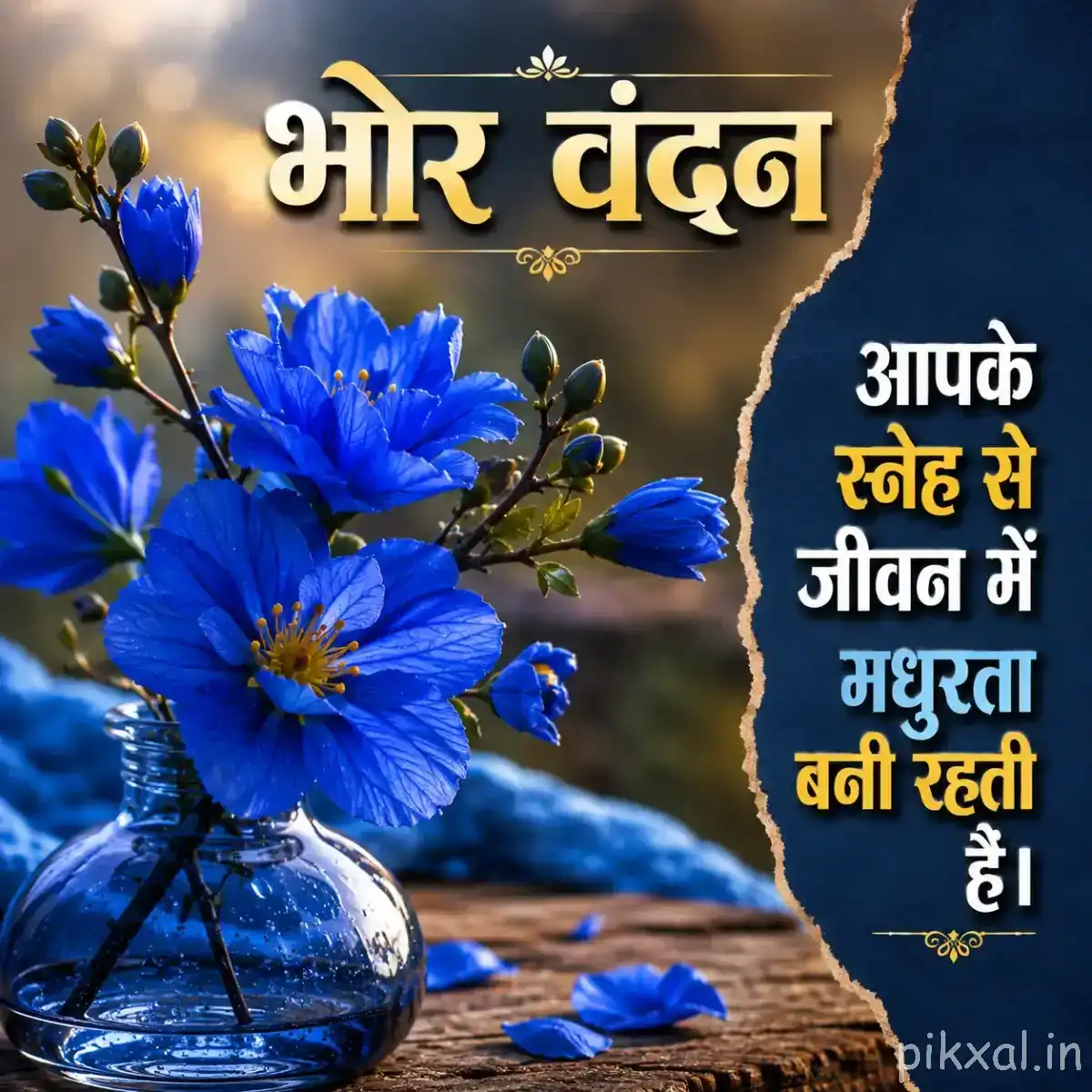 Several blue flowers arranged in a glass vase on a wooden surface beside a Hindi morning wish