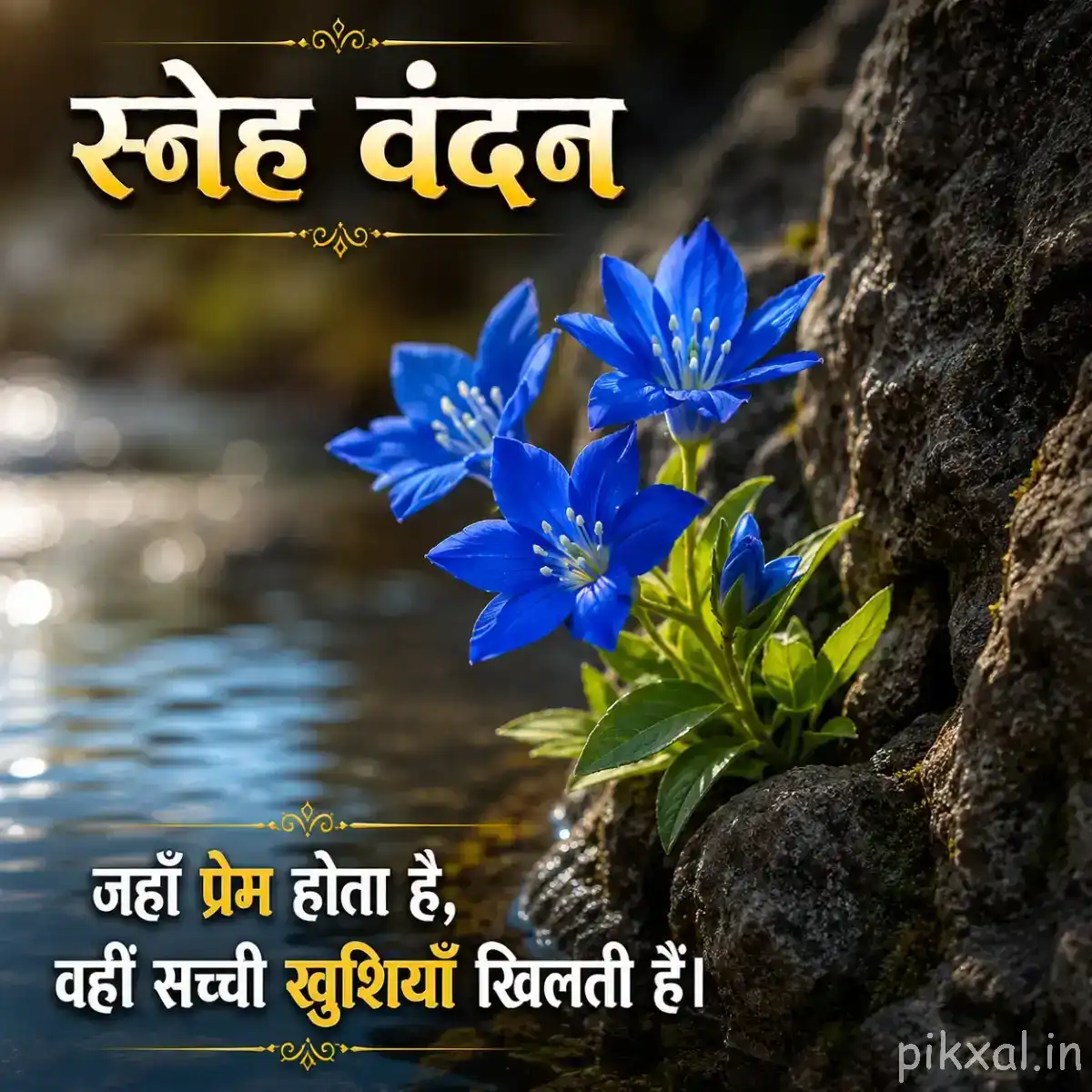 Several blue flowers growing beside green foliage and flowing water with a Hindi Good Morning wish