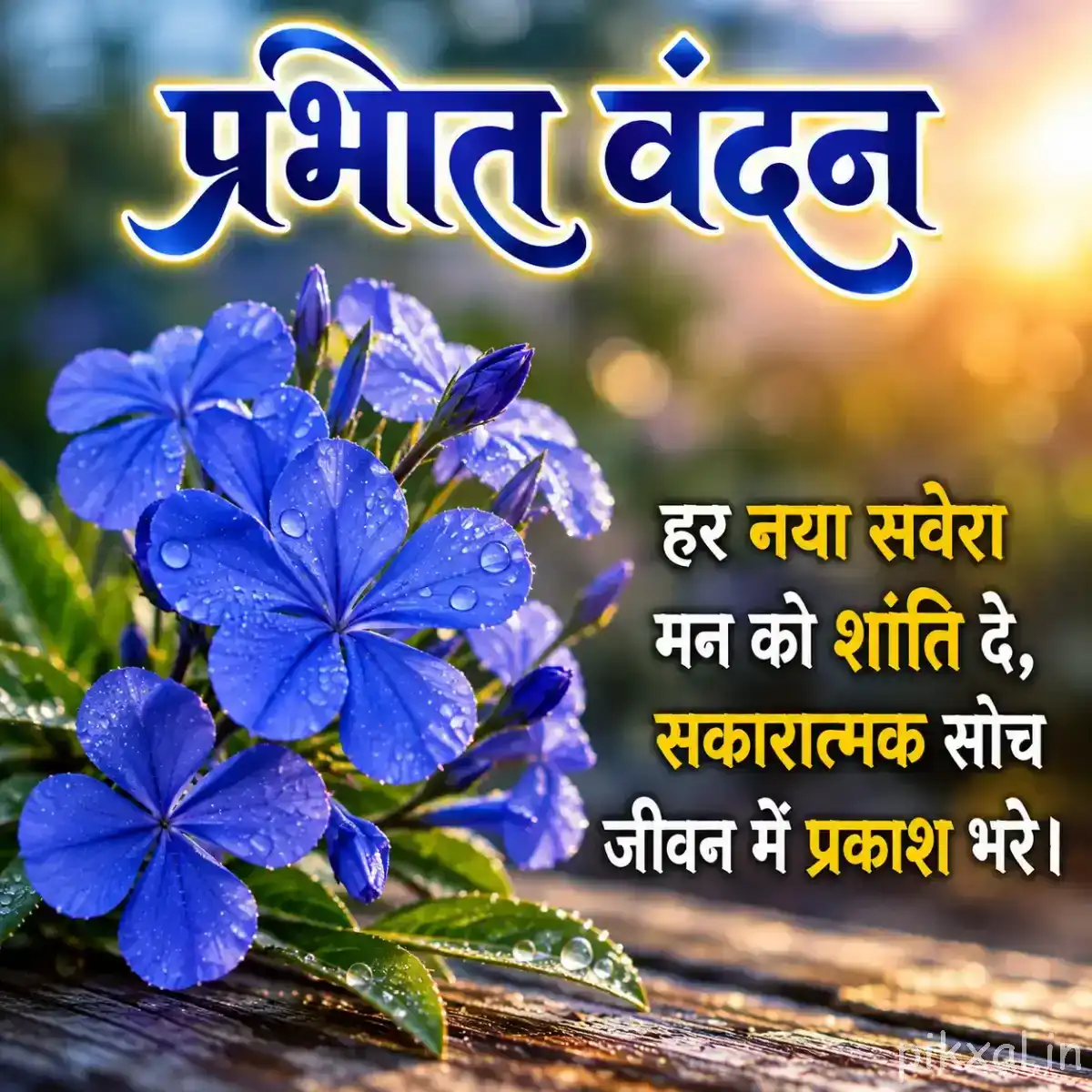 Several flat blue flowers with rounded petals and green leaves against a warm blurred background with a Hindi wish