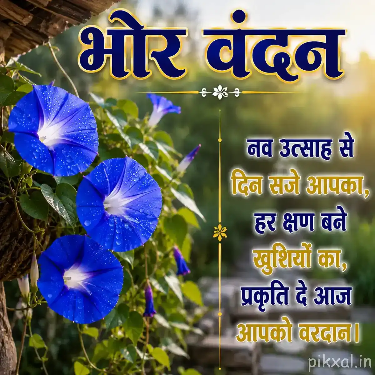 Three blue funnel-shaped flowers with pale centers and green leaves against a warm blurred background with a Hindi wish