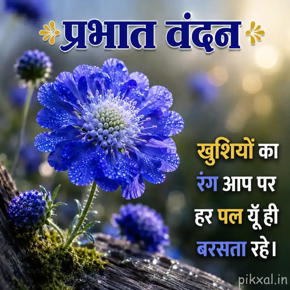 Blue rounded flower cluster with unopened buds and green foliage against a softly blurred background with a Hindi morning wish