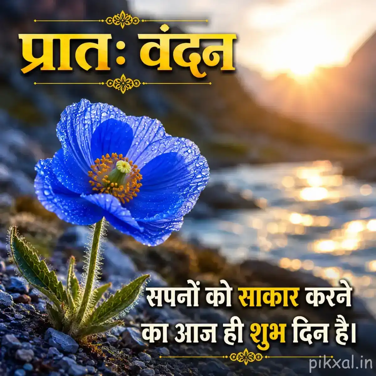 Single blue flower with a yellow center on a slender stem beside rocky water and a glowing sunrise