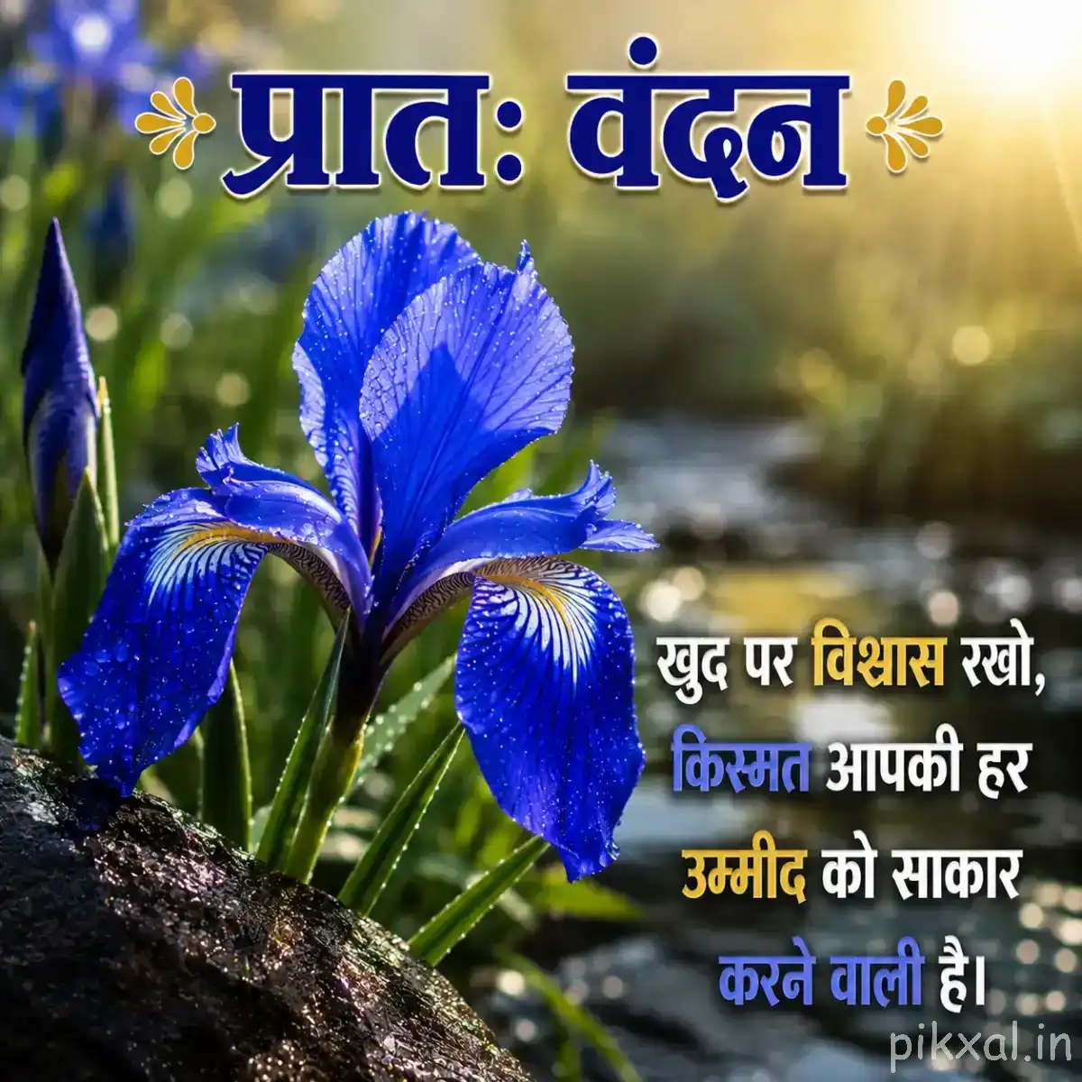 Several upright blue flowers with yellow centers and narrow petals among green leaves with a Hindi morning wish
