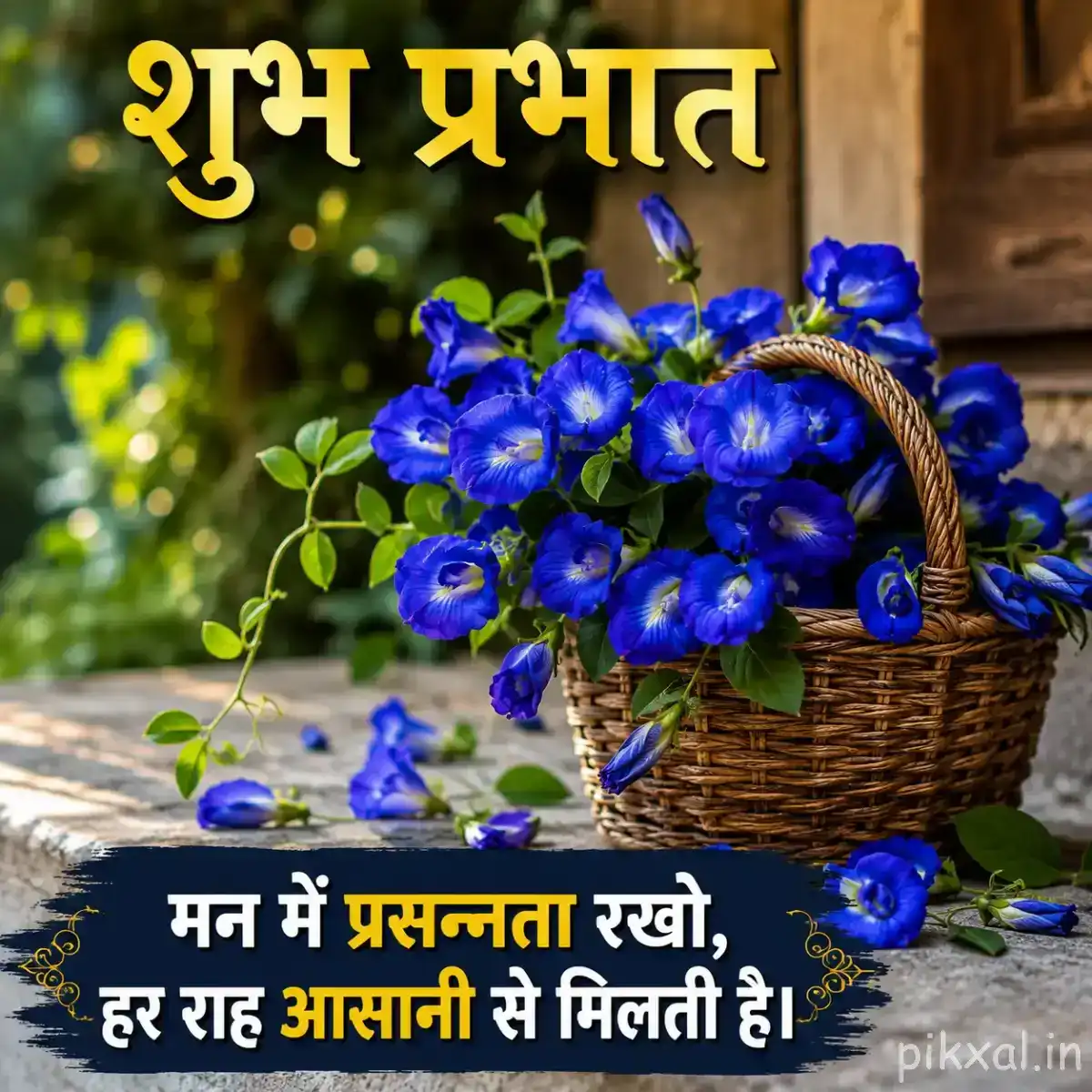 Dense cluster of small blue flowers arranged in a woven basket surrounded by green leaves