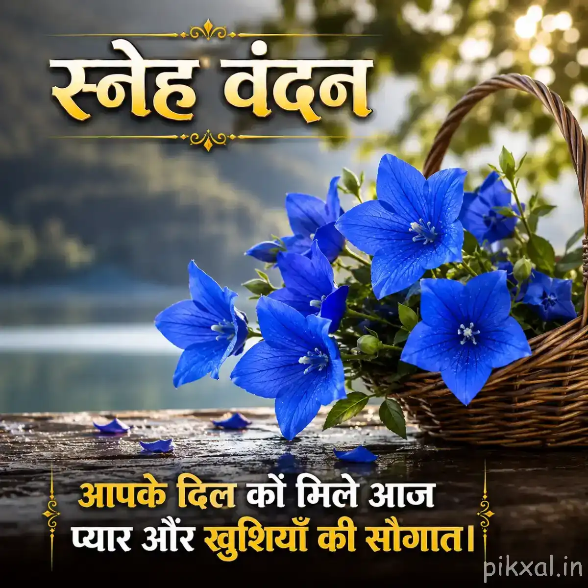 Cluster of blue flowers arranged in a woven basket with green foliage and a Hindi morning wish