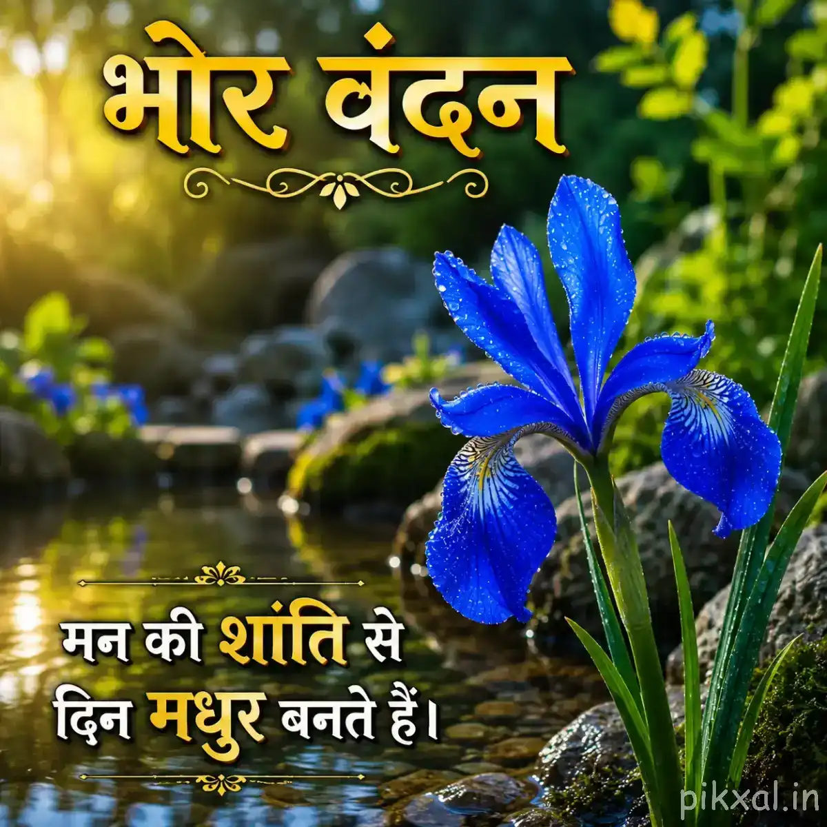 Several upright blue flowers with narrow petals and green stems against a warm blurred garden background with a Hindi wish