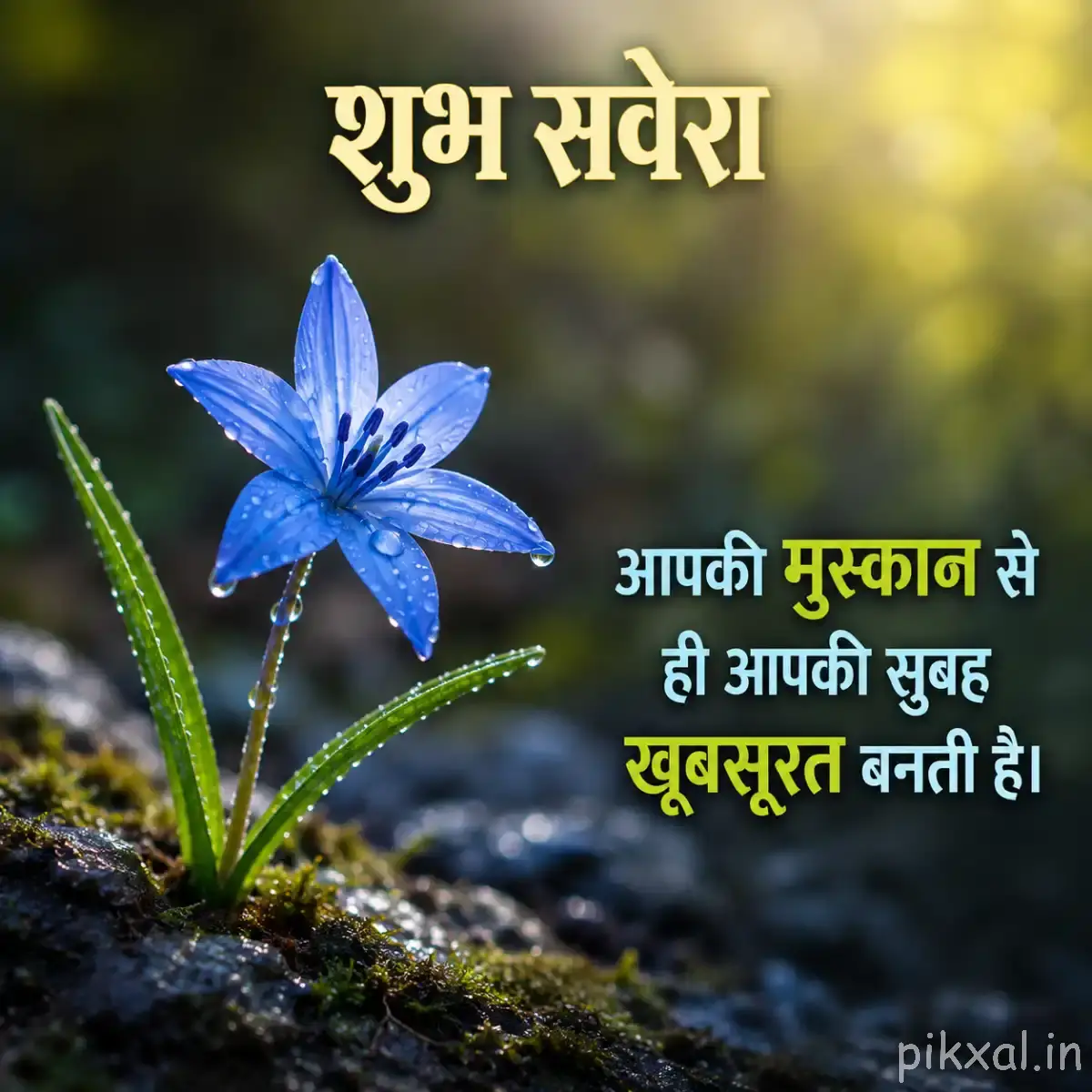 Single light blue fringed flower growing from a small glass container among rocks and grass