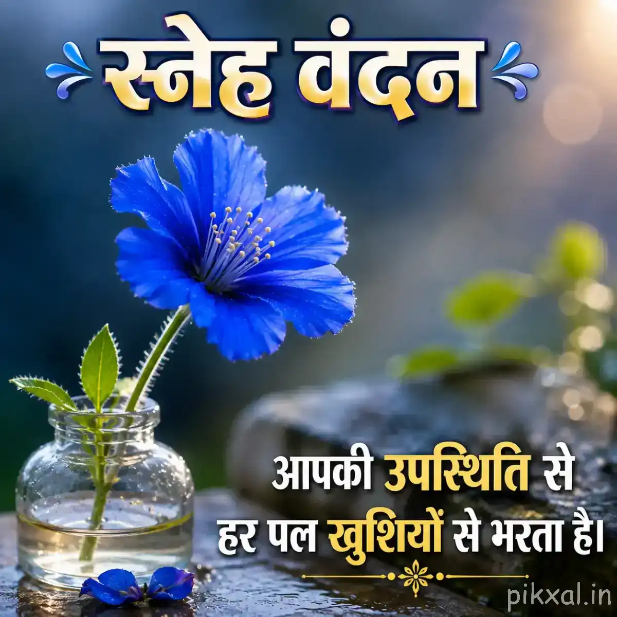 Blue flower good morning images with narrow petals in a small glass vase beside green leaves