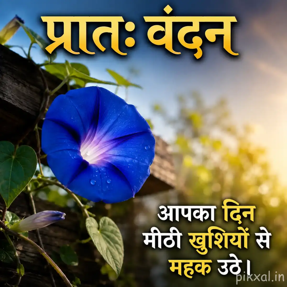 Single deep blue flower with a pale center among green leaves, with softly blurred yellow flowers in the background