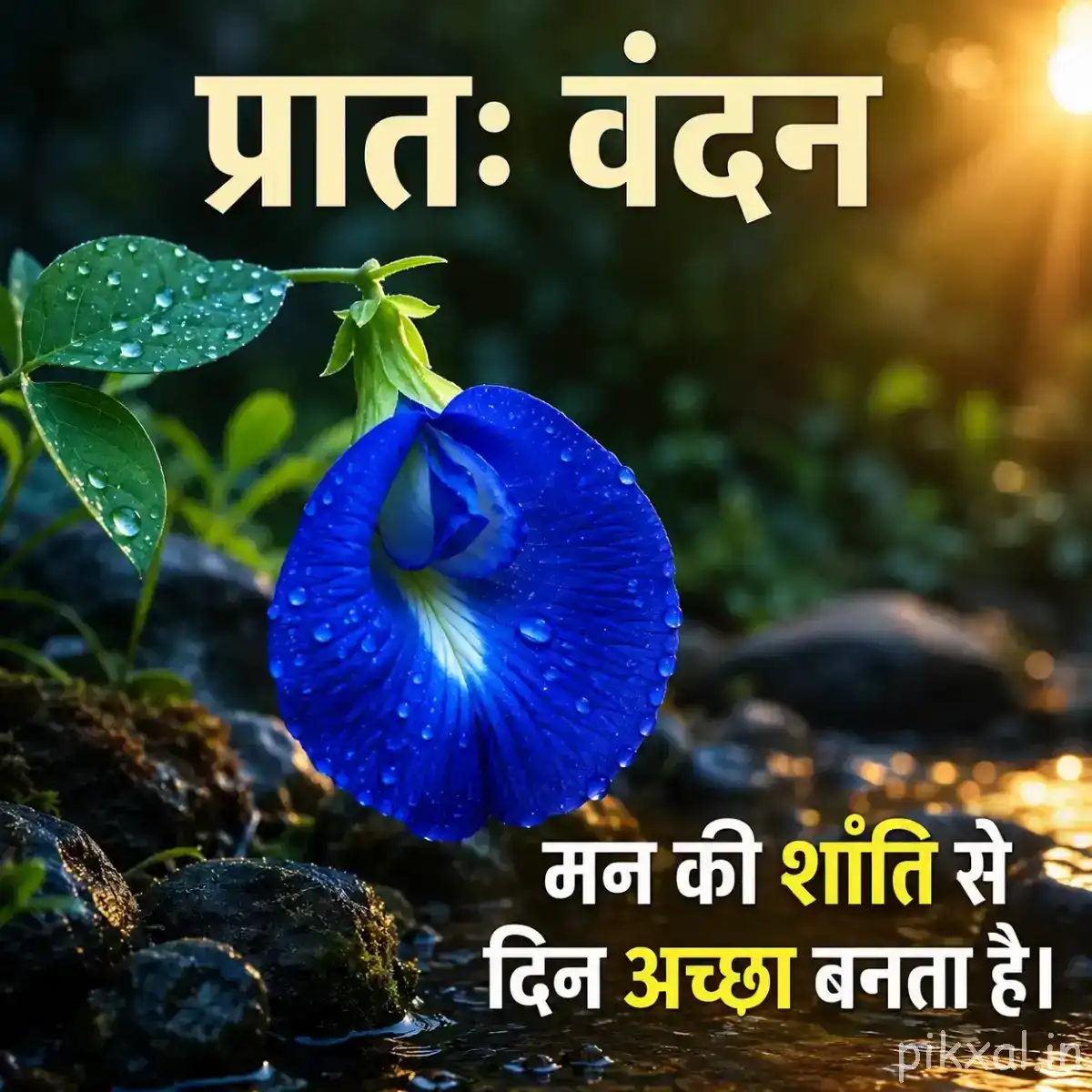 Single deep blue flower covered with water droplets among green leaves and a Hindi Good Morning wish