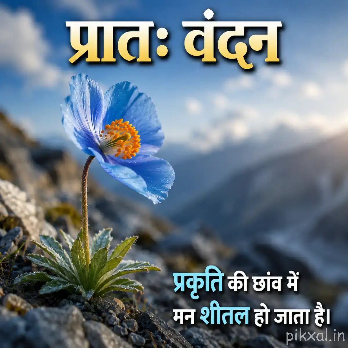 Single light blue flower on a slender stem above rocks, with mountains in the background and a Hindi morning wish