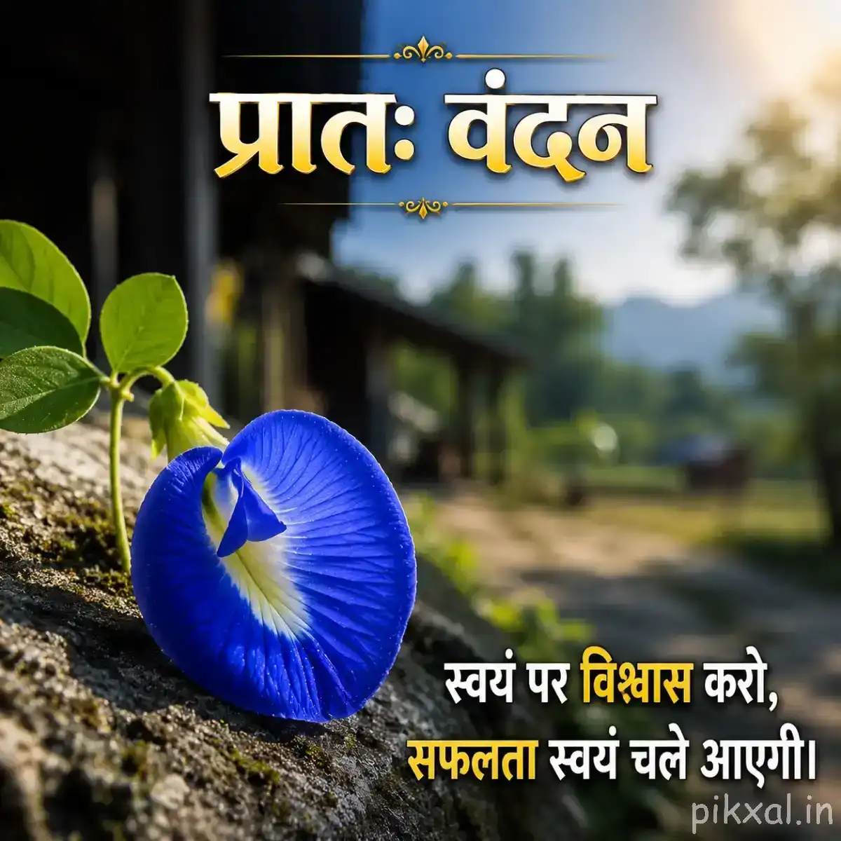 Single deep blue rounded flower with a pale center growing beside rocks and green leaves