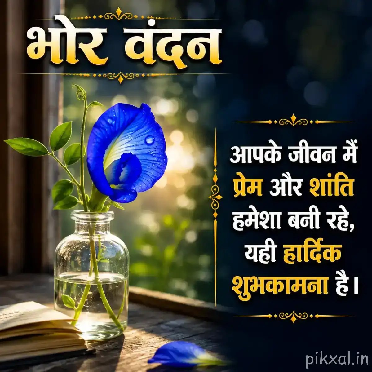 Single deep blue curled flower beside a small glass vase and fallen petal, with a Hindi morning wish