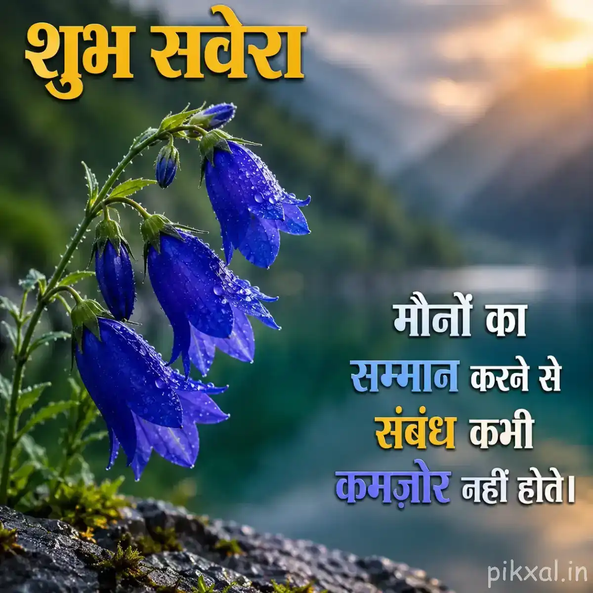 Several deep blue hanging flowers with unopened buds and green stems against a mountain background