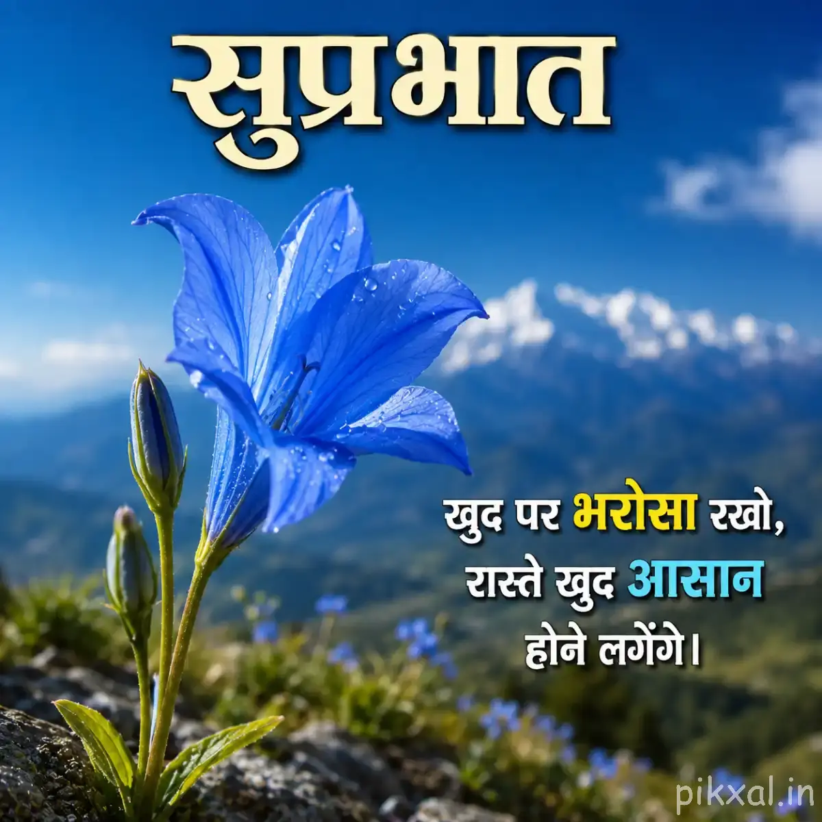 Single tall blue flower with elongated petals and an unopened bud against a bright blue sky
