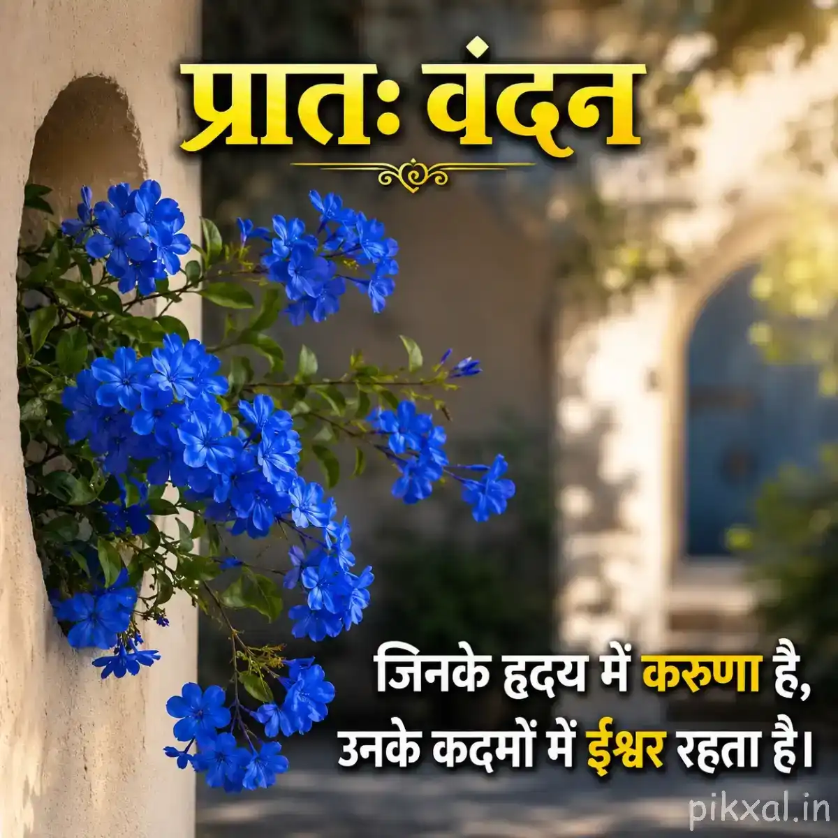 Branch covered with small blue flowers and green leaves beside a rustic wall, with a Hindi morning wish