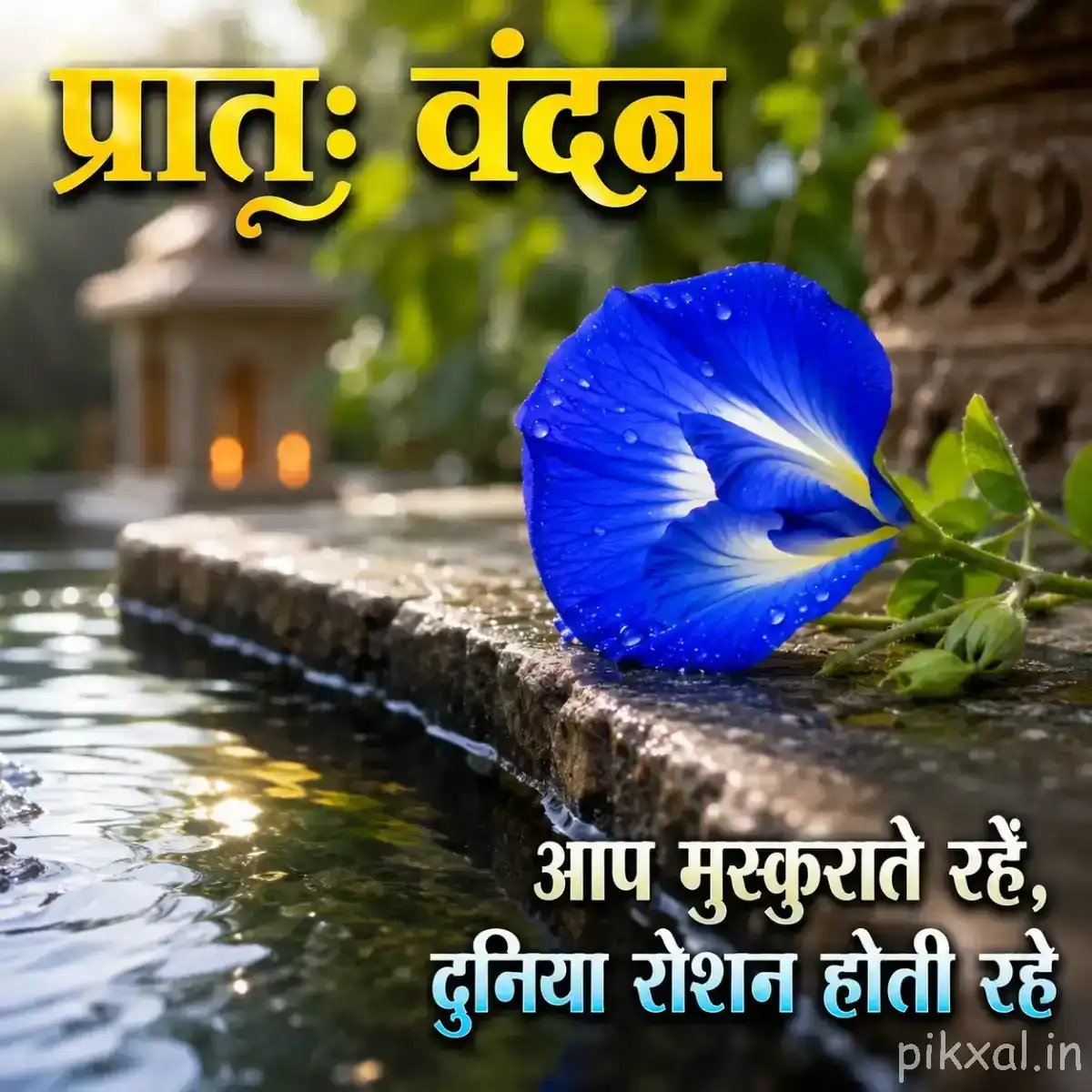 Single deep blue rounded flower beside a shallow stream and green foliage, with a Hindi morning wish