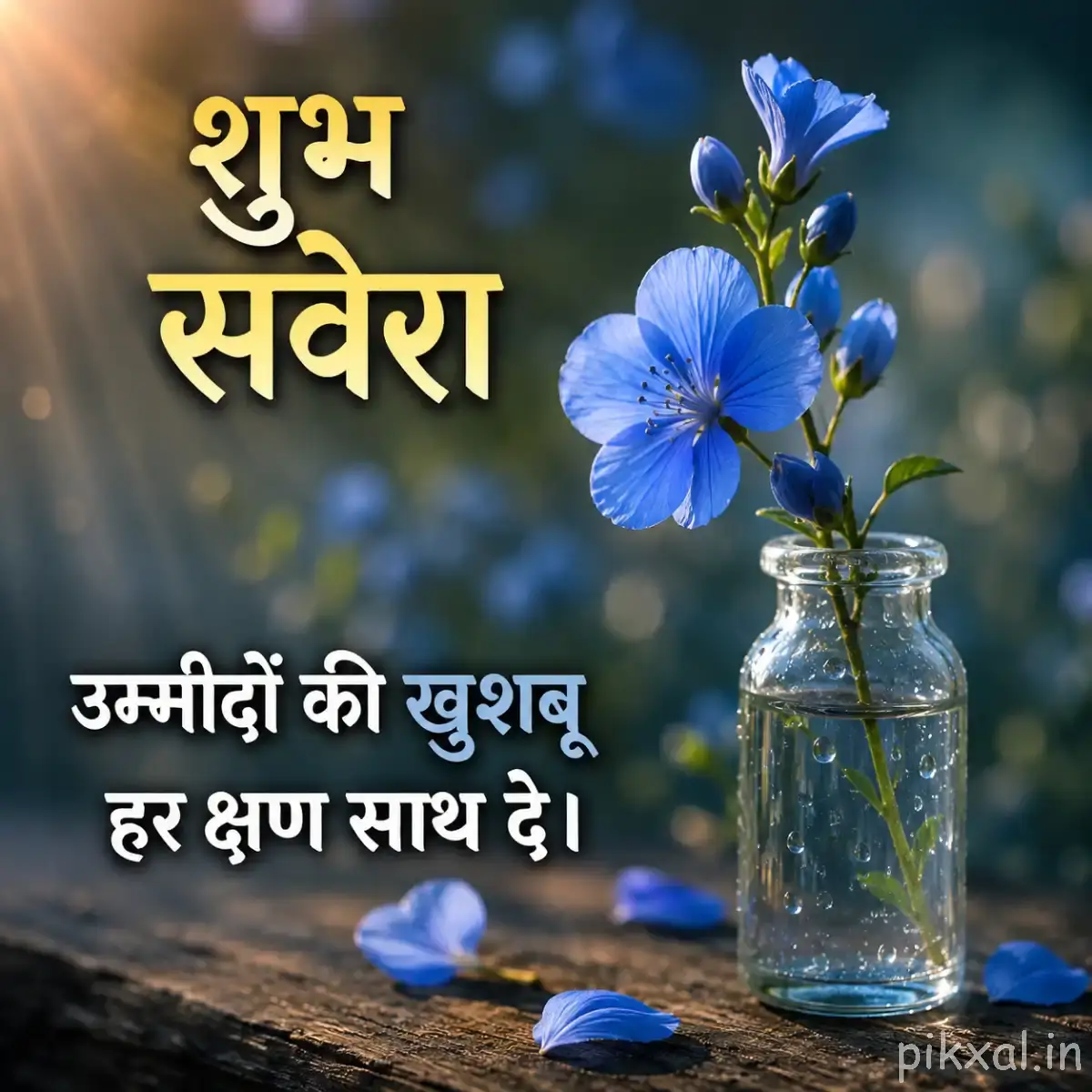 Several blue flowers on slender stems beside a small glass bottle, with scattered petals and a Hindi morning wish