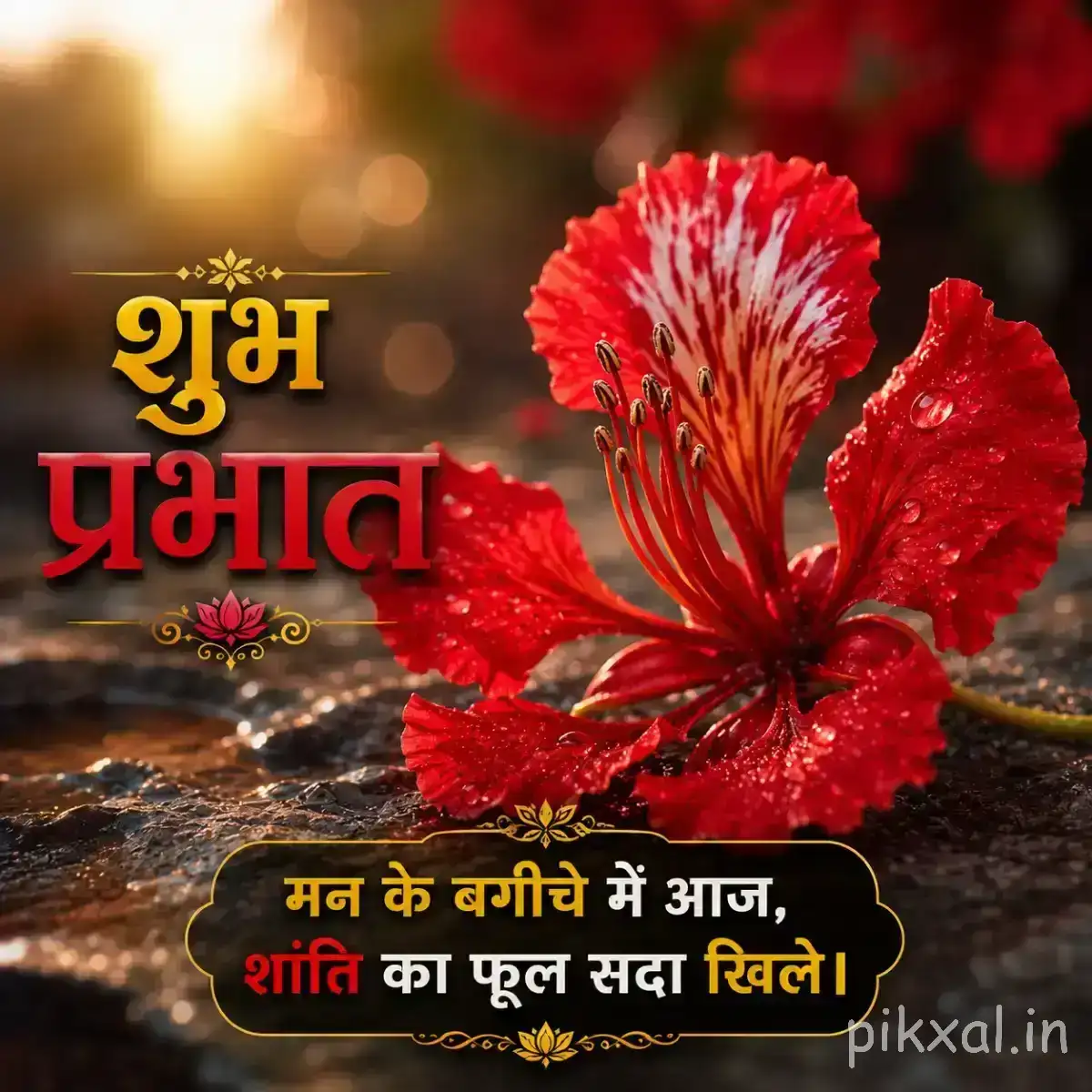 Red flowers with layered petals and green leaves beside a softly blurred mountain and water background with a Hindi morning wish