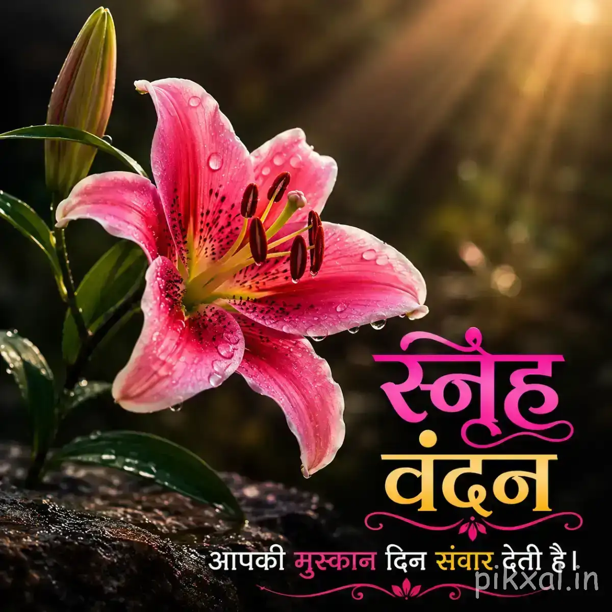 Pink open flower with dark petal markings, a tall unopened bud, green leaves, and a Hindi morning greeting