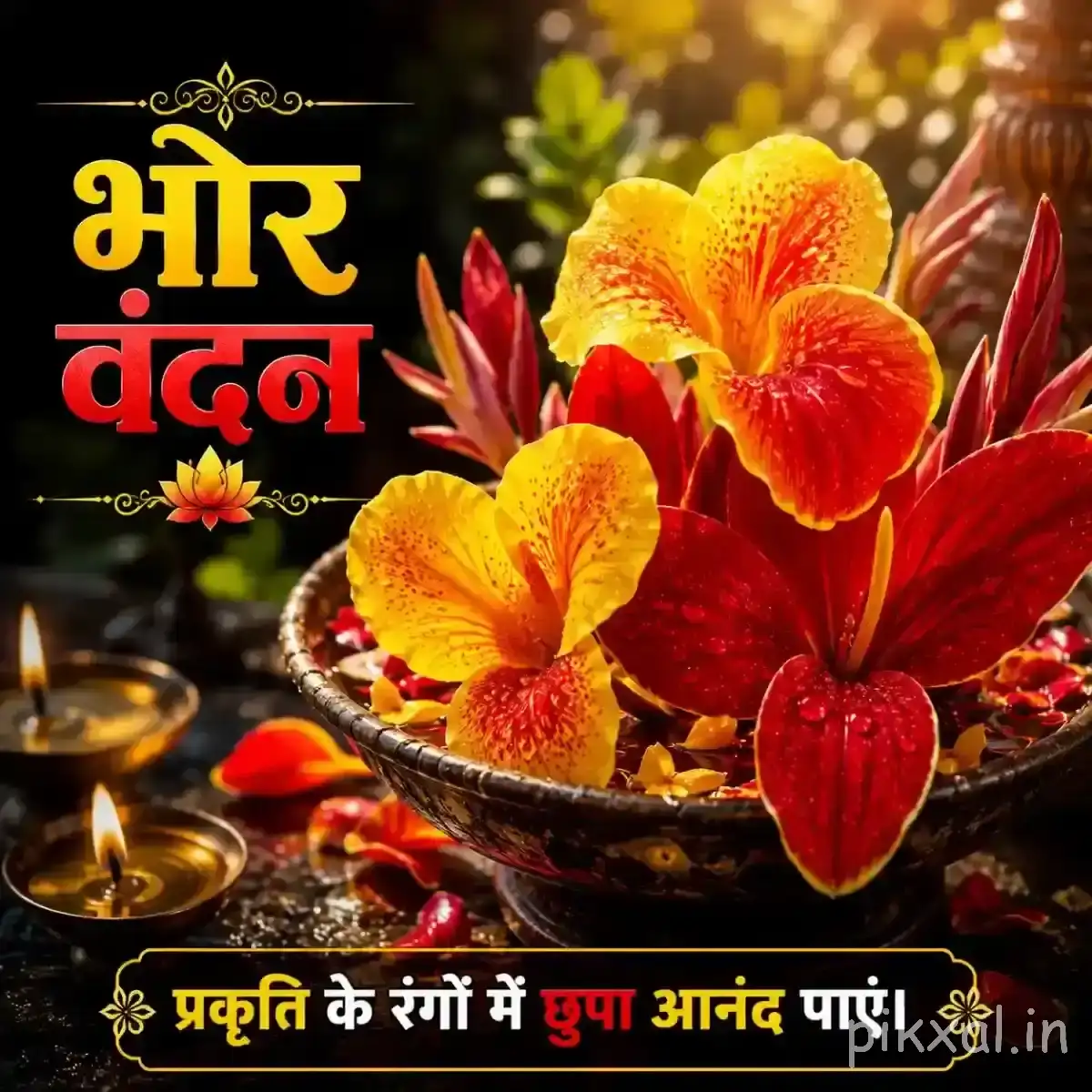 Orange and red flowers arranged together in a shallow bowl with glowing lights and a Hindi morning wish