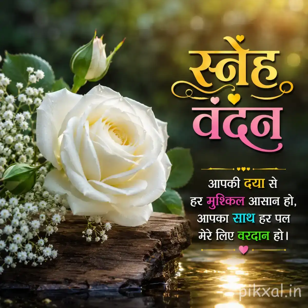 White layered flower with unopened buds and small white blossoms on a rustic wooden surface with a Hindi morning message