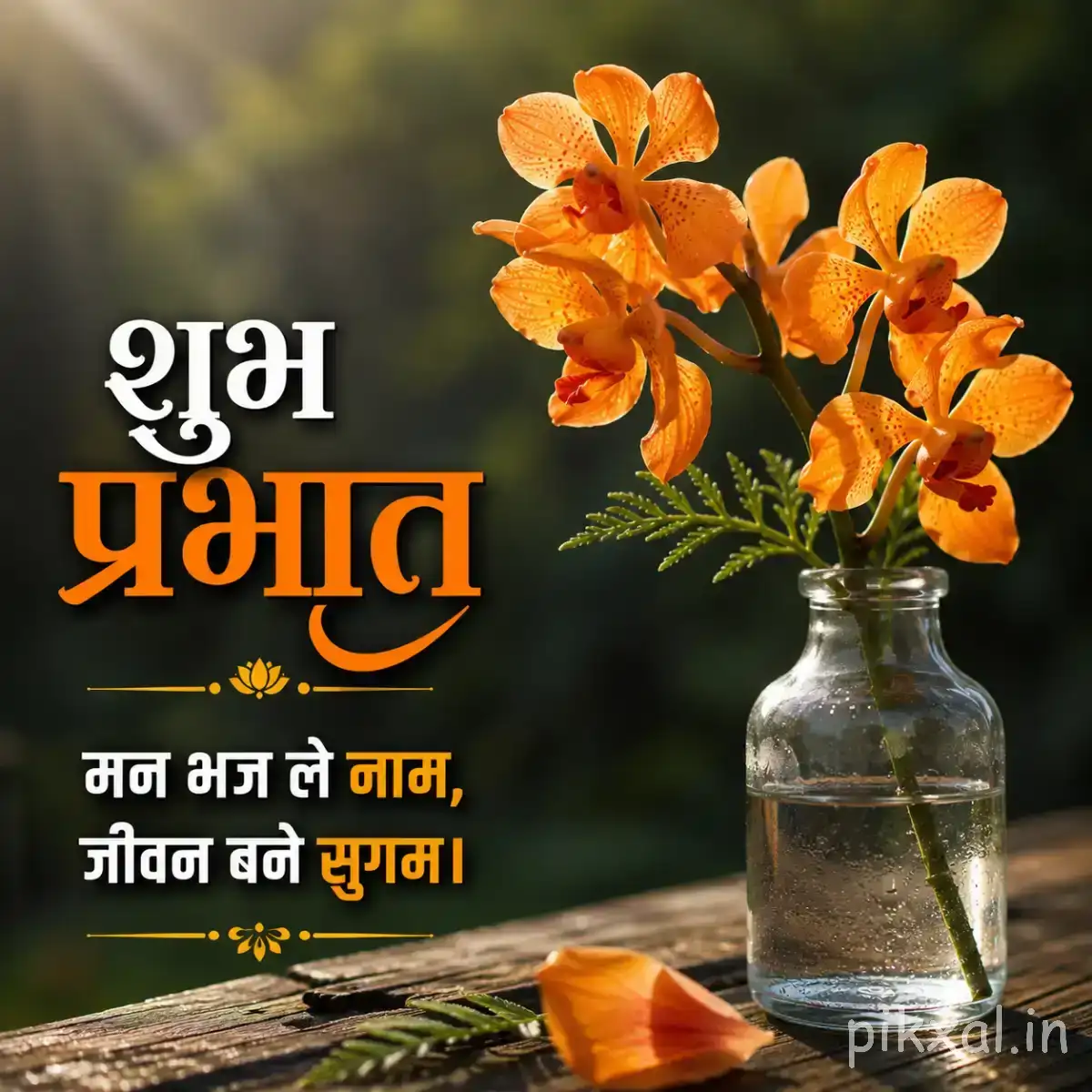 Orange clustered flowers with green stems in a glass bottle against a softly blurred garden background