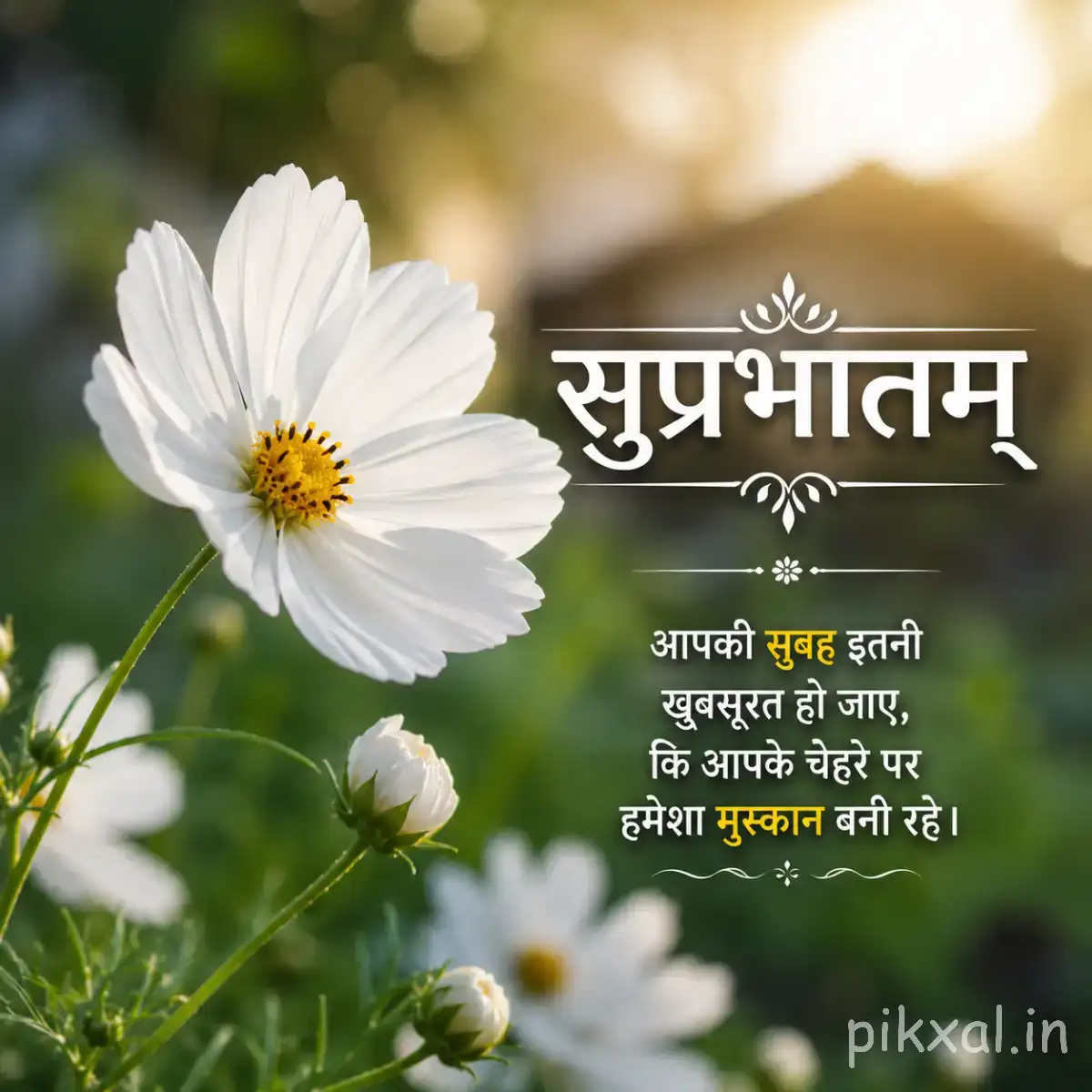 Several white flowers with narrow petals and yellow centers against softly blurred greenery with a Hindi Good Morning wish