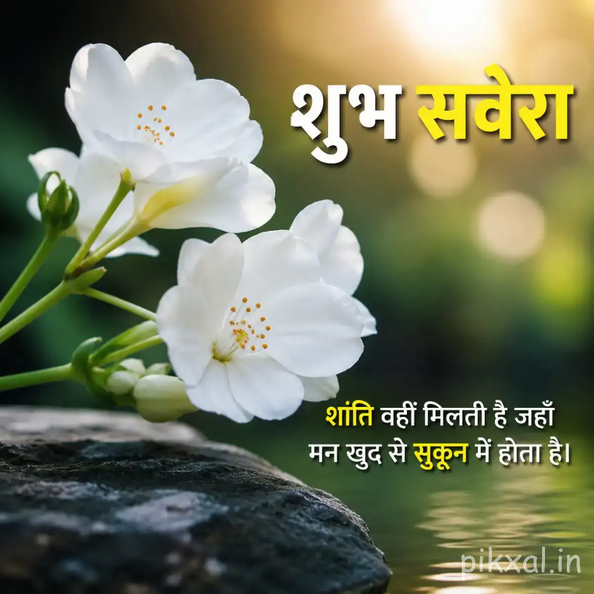 White five-petaled flowers with yellow centers resting above a dark rock with a Hindi morning wish
