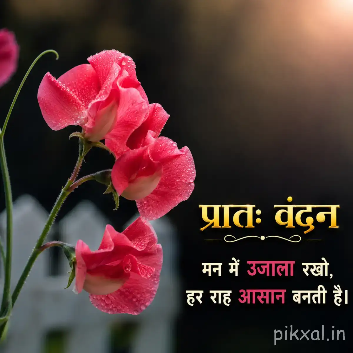 Red and pink flowers with curled petals on slender stems against a dark blurred background with a morning wish