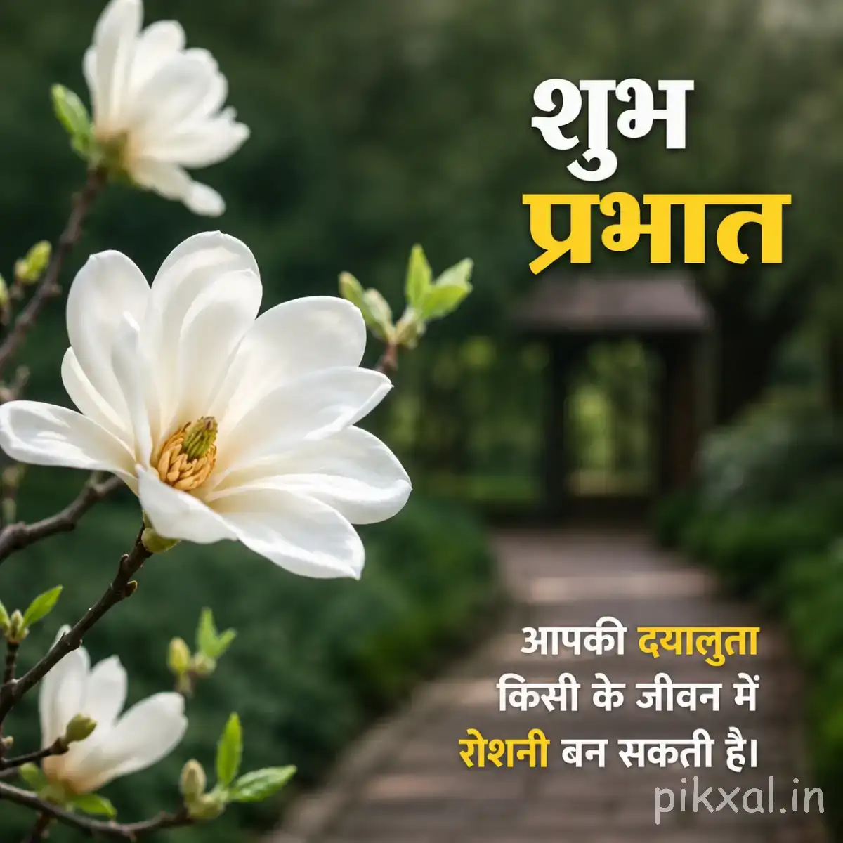 White flowers with broad petals along green stems beside a softly blurred garden path with a Hindi Good Morning wish