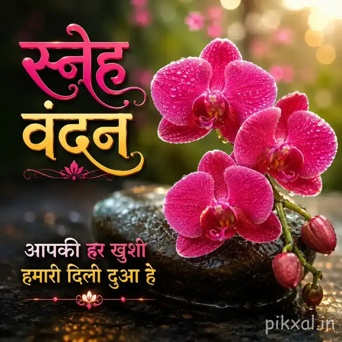 Pink flowers with rounded layered petals and unopened buds against a dark background with a Hindi morning wish
