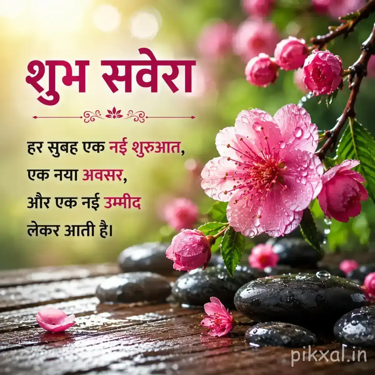 Pink flowers and buds arranged on a dark wooden surface with a Hindi Good Morning wish