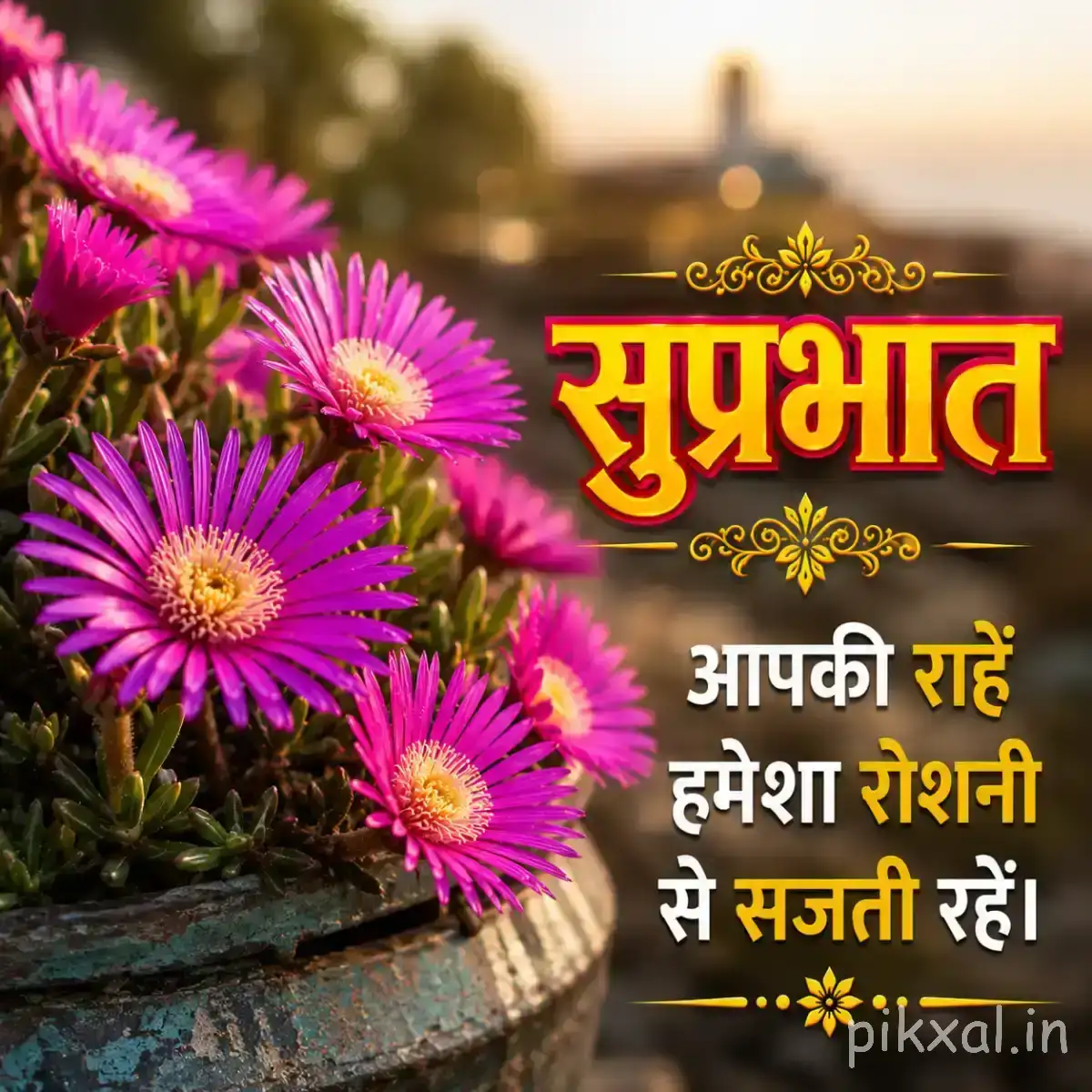 Several purple flowers with narrow petals and yellow centers in warm morning light with a Hindi Good Morning wish