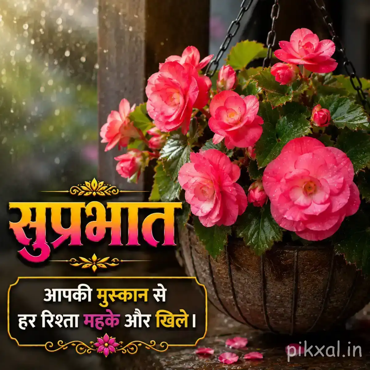 Dense cluster of bright pink and red layered flowers in a wooden container with a Hindi Good Morning wish