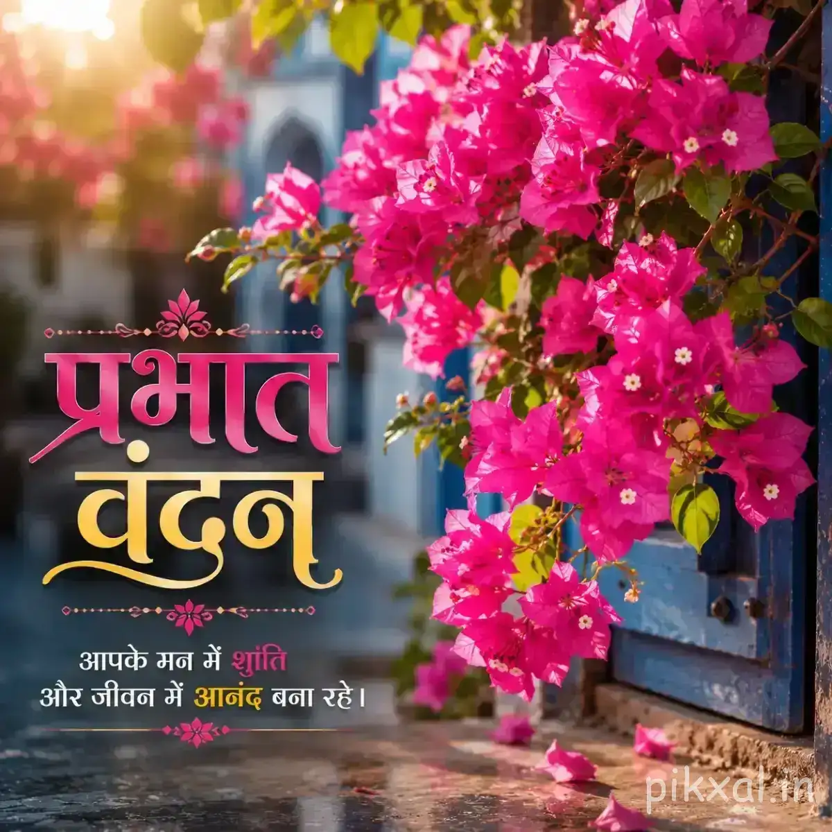 Bright pink flowering branch with dense clusters of small blossoms against a softly blurred colorful background with a Hindi morning wish